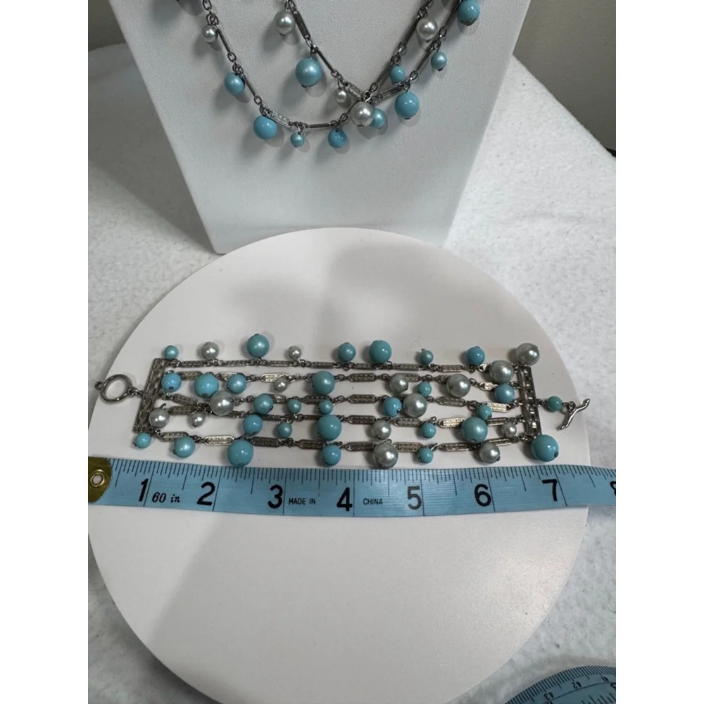 Unbranded antique 6” Necklace & 7” Bracelet Set Blue Silver beads silver links